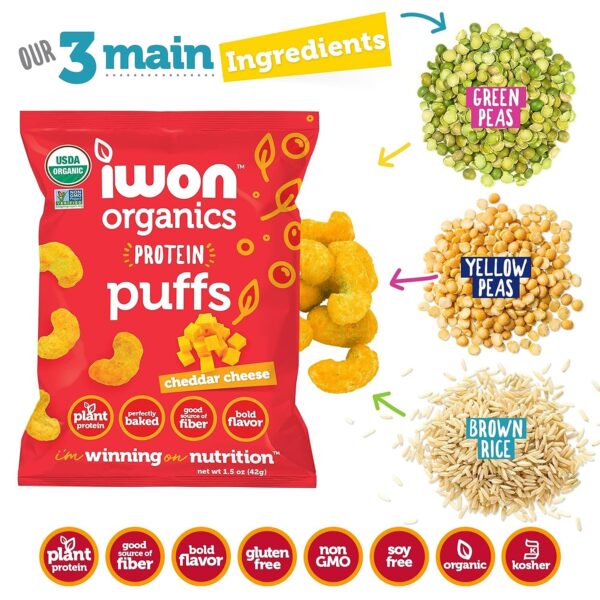 Iwon Organics Protein Puffs Cheddar Cheese Flavor, Vegan, Certified Non GMO