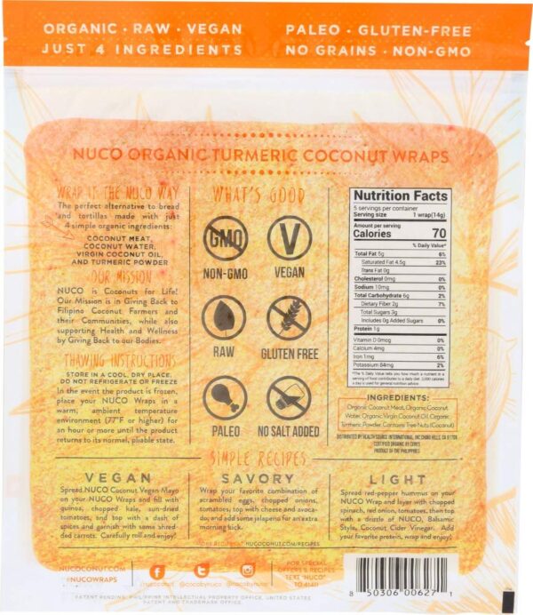 NUCO Certified ORGANIC Paleo Gluten Free Vegan "Turmeric" Coconut Wraps